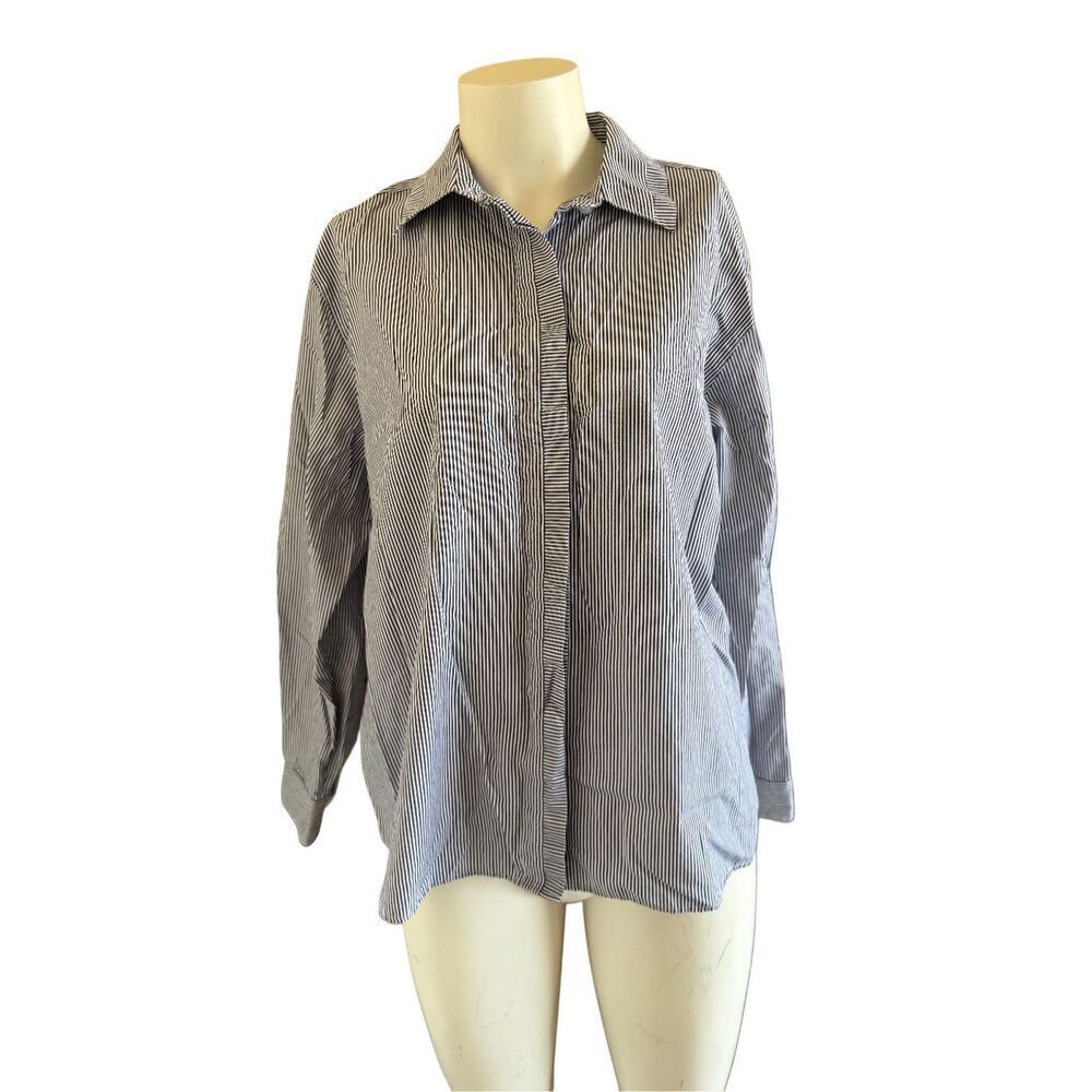 Foxcroft large womens black white striped button up shirt 100% cotton long sleev